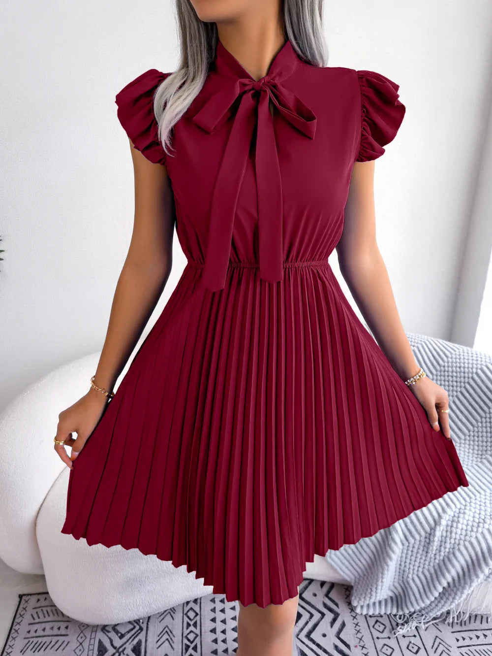 Vrouwen Zomerjurk Elegante Geplooide Striknot Jurk voor Vrouw