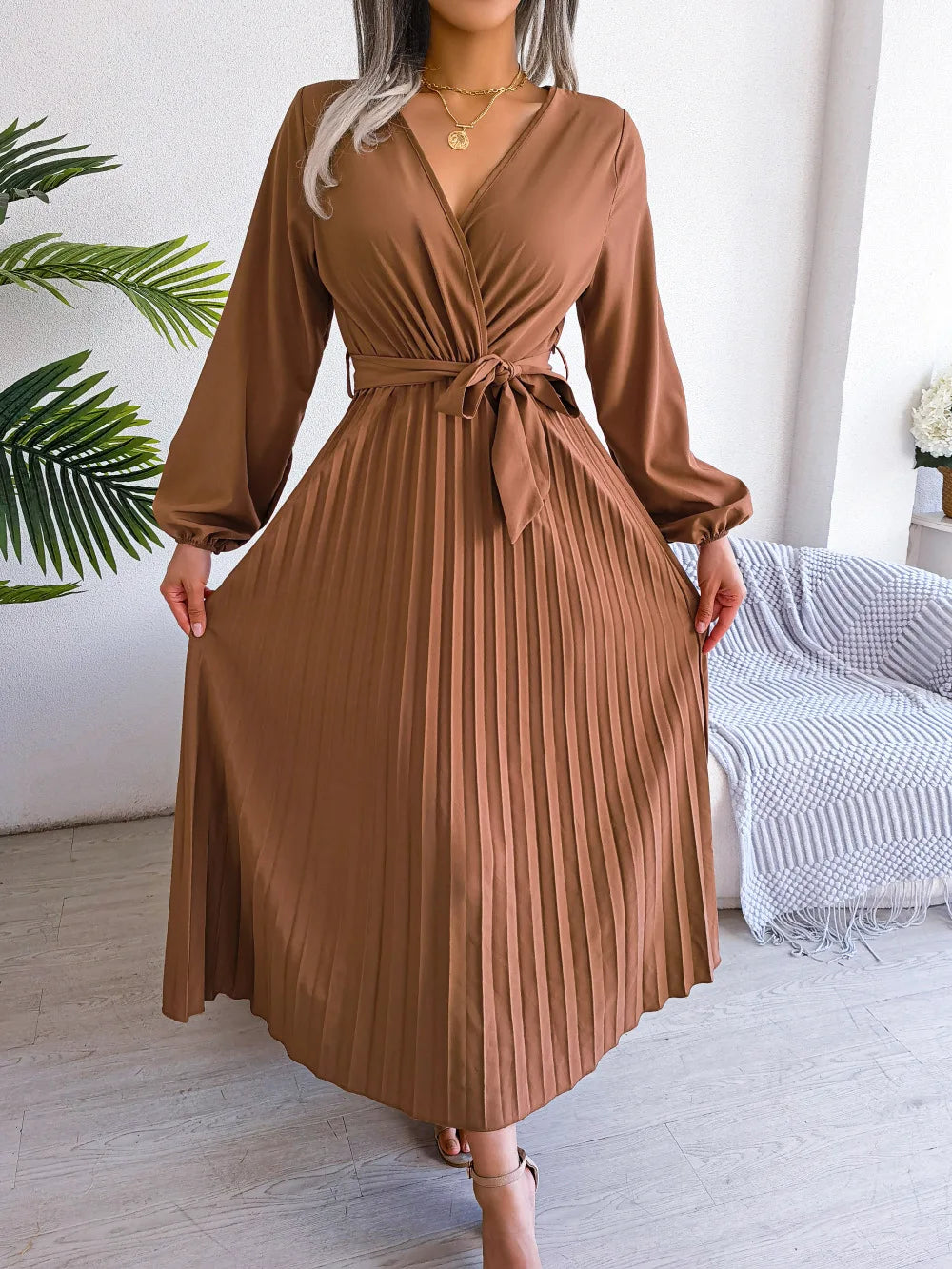 Maxi Jurk Lange Mouwen V-hals Zwart Comfortabel