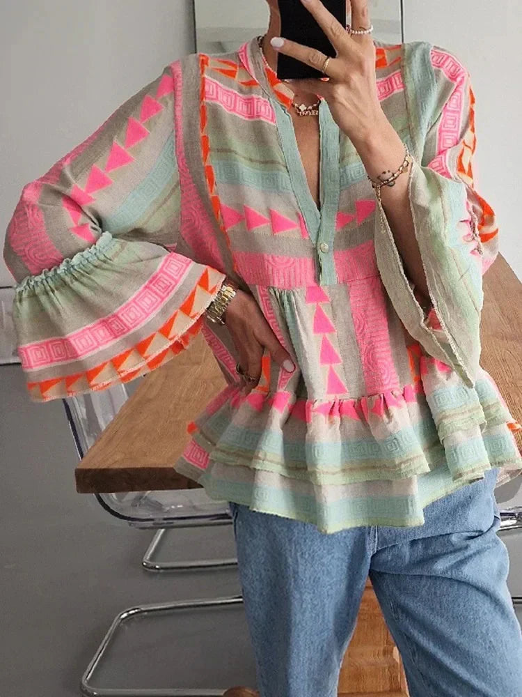Dames Overhemd Geometrische Print Vrouwelijke Stijl
