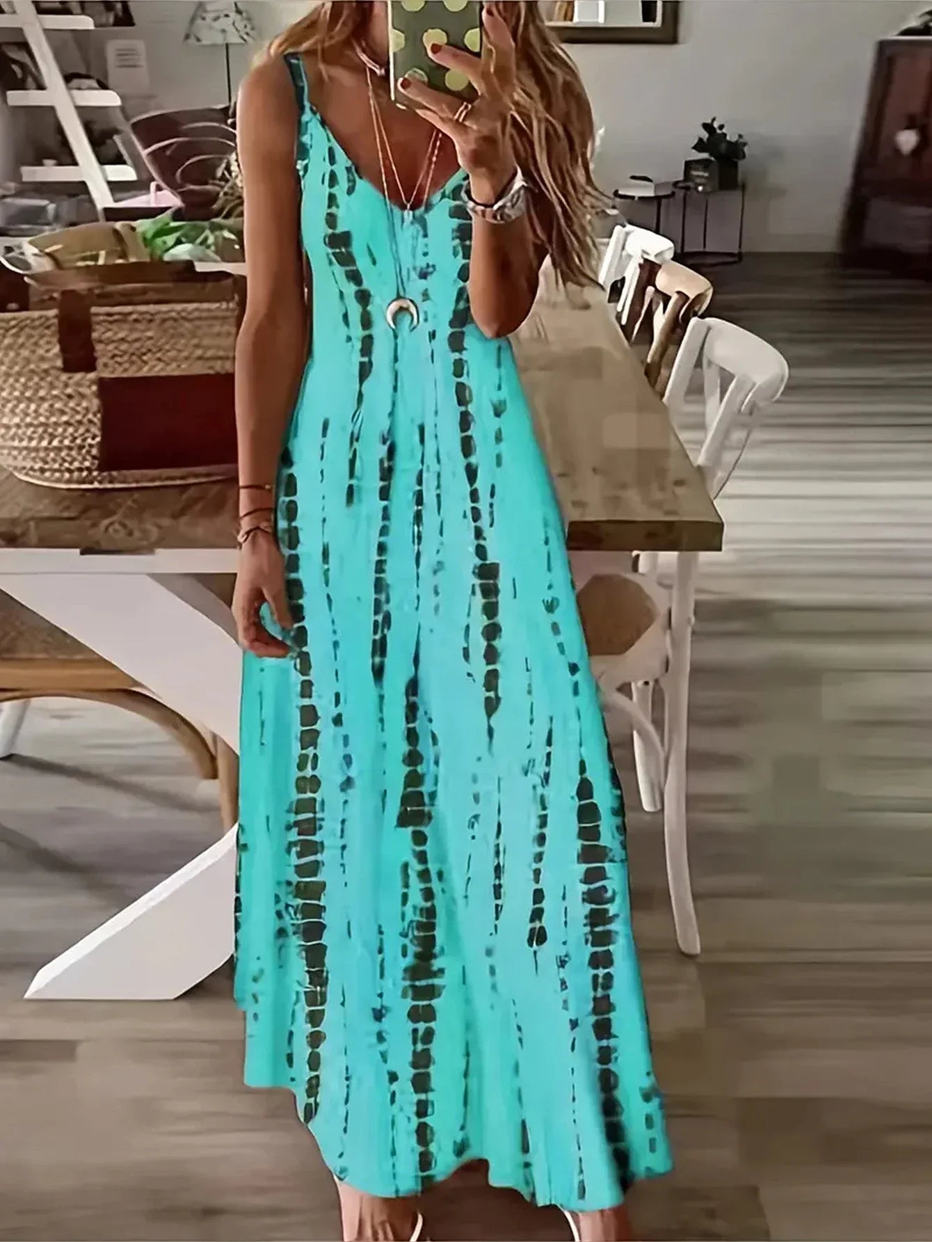 Zomerjurk Vrouw Strandjurk Maxi Dye Print voor Strandvakantie