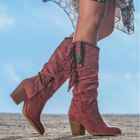Western Laarzen met Franjes | Suède Kniehoge Dames Boots | Blok Hak & Boho Details