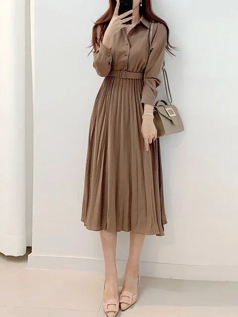 Lente Jurk Dames Lange Mouw Elegante Hoge Taille