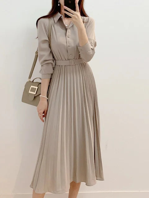 Lente Jurk Dames Lange Mouw Elegante Hoge Taille - StudioMarella