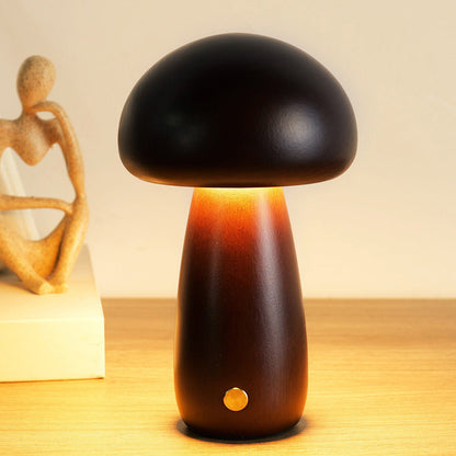 Houten Paddenstoel Tafellamp met Ingebouwde Batterij & Touch-bediening – Warm Sfeerlicht voor Woonkamer, Slaapkamer, Kantoor – Oplaadbare LED-lamp met Dimfunctie – Decoratieve Sfeerverlichting