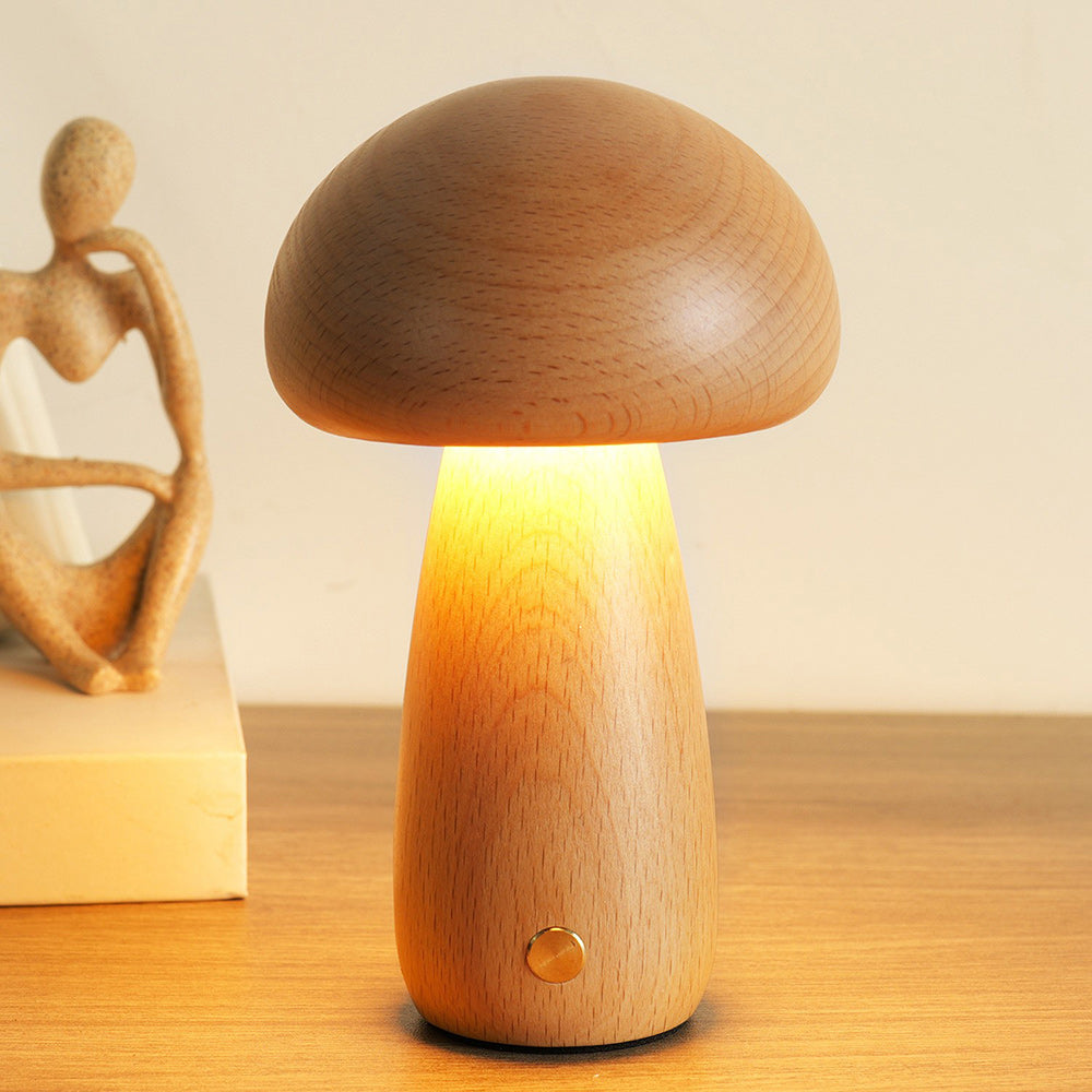 Houten Paddenstoel Tafellamp met Ingebouwde Batterij & Touch-bediening – Warm Sfeerlicht voor Woonkamer, Slaapkamer, Kantoor – Oplaadbare LED-lamp met Dimfunctie – Decoratieve Sfeerverlichting