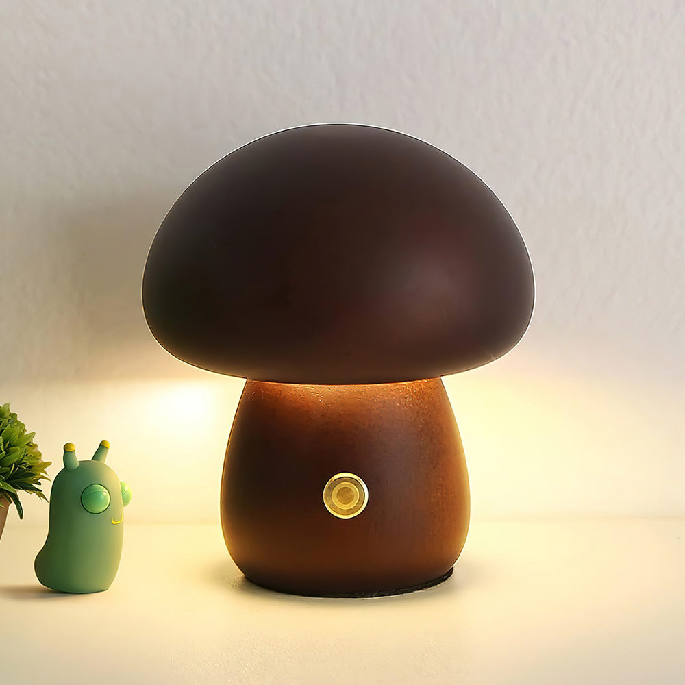 Houten Paddenstoel Tafellamp met Ingebouwde Batterij & Touch-bediening – Warm Sfeerlicht voor Woonkamer, Slaapkamer, Kantoor – Oplaadbare LED-lamp met Dimfunctie – Decoratieve Sfeerverlichting