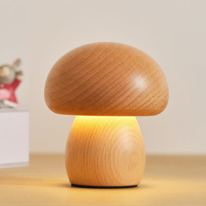 Houten Paddenstoel Tafellamp met Ingebouwde Batterij & Touch-bediening – Warm Sfeerlicht voor Woonkamer, Slaapkamer, Kantoor – Oplaadbare LED-lamp met Dimfunctie – Decoratieve Sfeerverlichting