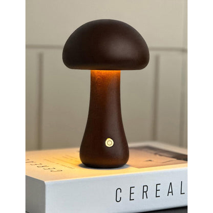 Houten Paddenstoel Tafellamp met Ingebouwde Batterij & Touch-bediening – Warm Sfeerlicht voor Woonkamer, Slaapkamer, Kantoor – Oplaadbare LED-lamp met Dimfunctie – Decoratieve Sfeerverlichting