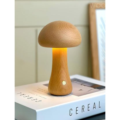 Houten Paddenstoel Tafellamp met Ingebouwde Batterij & Touch-bediening – Warm Sfeerlicht voor Woonkamer, Slaapkamer, Kantoor – Oplaadbare LED-lamp met Dimfunctie – Decoratieve Sfeerverlichting