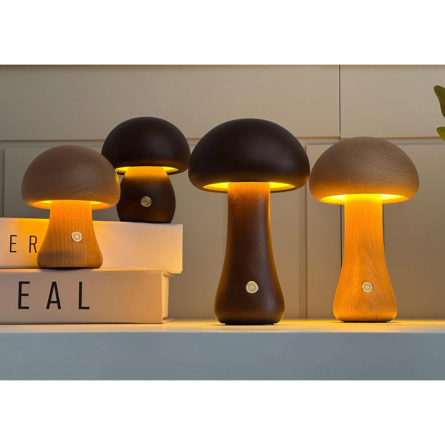 Houten Paddenstoel Tafellamp met Ingebouwde Batterij & Touch-bediening – Warm Sfeerlicht voor Woonkamer, Slaapkamer, Kantoor – Oplaadbare LED-lamp met Dimfunctie – Decoratieve Sfeerverlichting