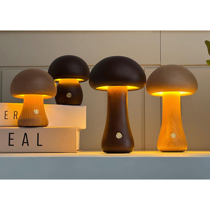 Houten Paddenstoel Tafellamp met Ingebouwde Batterij & Touch-bediening – Warm Sfeerlicht voor Woonkamer, Slaapkamer, Kantoor – Oplaadbare LED-lamp met Dimfunctie – Decoratieve Sfeerverlichting
