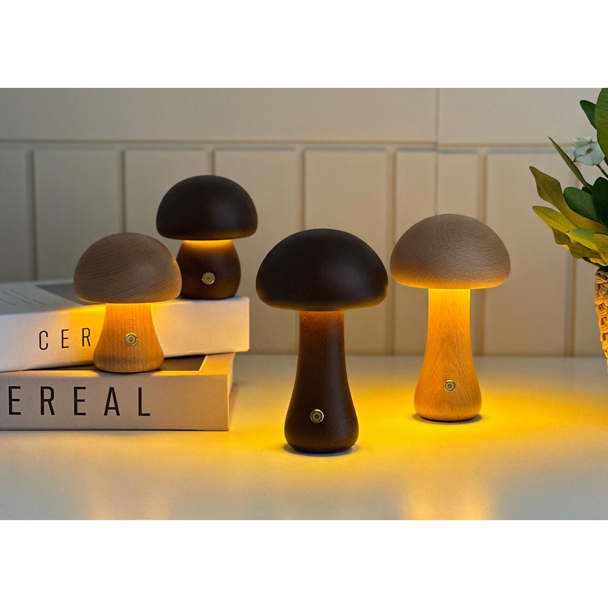 Houten Paddenstoel Tafellamp met Ingebouwde Batterij & Touch-bediening – Warm Sfeerlicht voor Woonkamer, Slaapkamer, Kantoor – Oplaadbare LED-lamp met Dimfunctie – Decoratieve Sfeerverlichting
