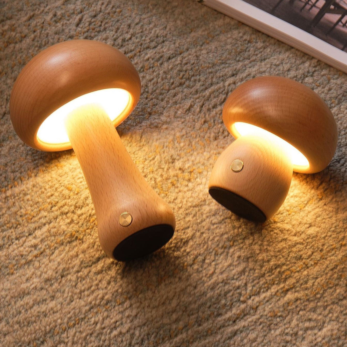 Houten Paddenstoel Tafellamp met Ingebouwde Batterij & Touch-bediening – Warm Sfeerlicht voor Woonkamer, Slaapkamer, Kantoor – Oplaadbare LED-lamp met Dimfunctie – Decoratieve Sfeerverlichting