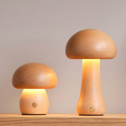 Houten Paddenstoel Tafellamp met Ingebouwde Batterij & Touch-bediening – Warm Sfeerlicht voor Woonkamer, Slaapkamer, Kantoor – Oplaadbare LED-lamp met Dimfunctie – Decoratieve Sfeerverlichting