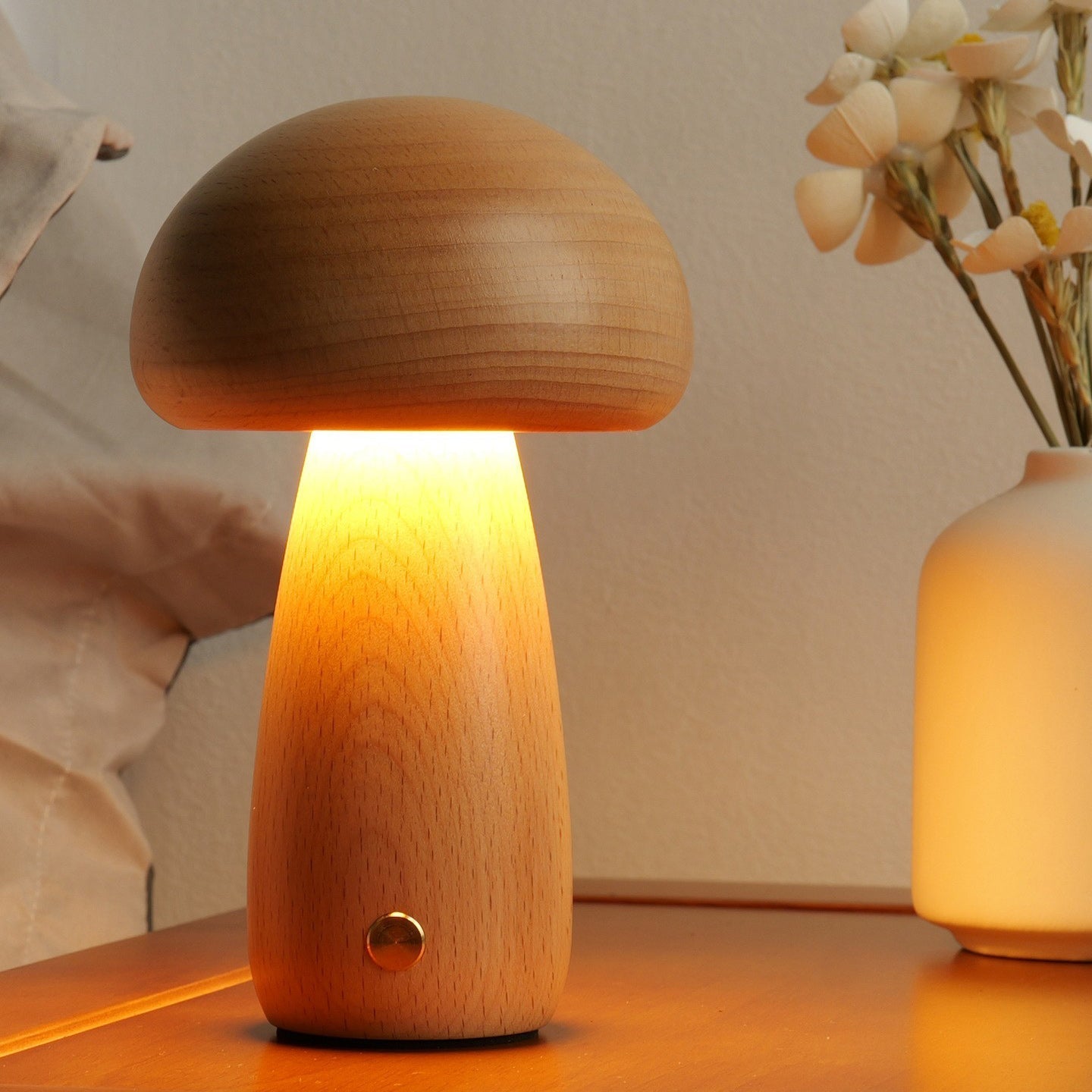 Houten Paddenstoel Tafellamp met Ingebouwde Batterij & Touch-bediening – Warm Sfeerlicht voor Woonkamer, Slaapkamer, Kantoor – Oplaadbare LED-lamp met Dimfunctie – Decoratieve Sfeerverlichting