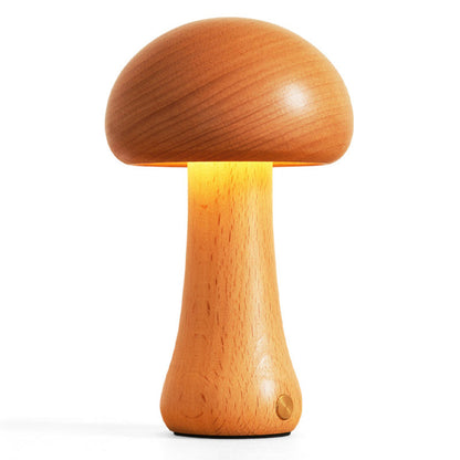 Houten Paddenstoel Tafellamp met Ingebouwde Batterij & Touch-bediening – Warm Sfeerlicht voor Woonkamer, Slaapkamer, Kantoor – Oplaadbare LED-lamp met Dimfunctie – Decoratieve Sfeerverlichting