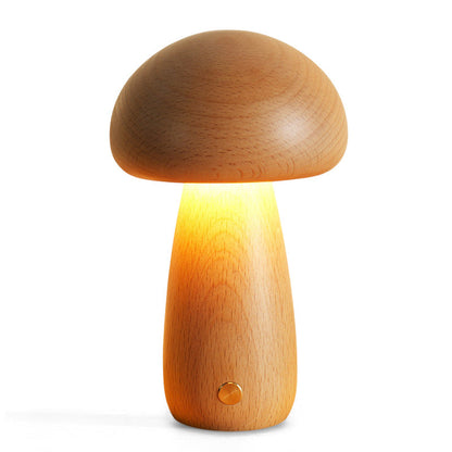 Houten Paddenstoel Tafellamp met Ingebouwde Batterij & Touch-bediening – Warm Sfeerlicht voor Woonkamer, Slaapkamer, Kantoor – Oplaadbare LED-lamp met Dimfunctie – Decoratieve Sfeerverlichting