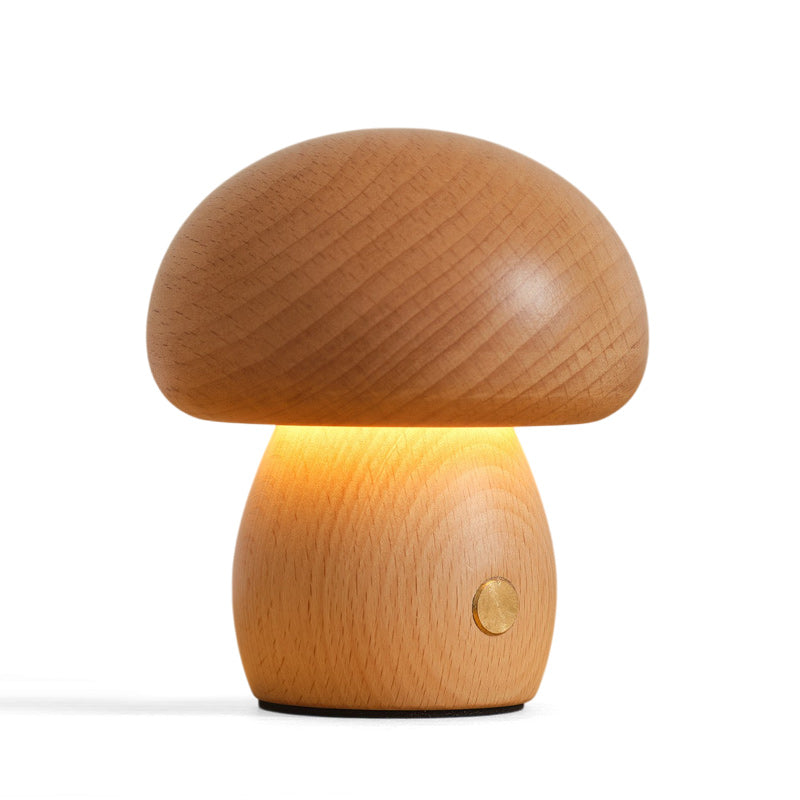Houten Paddenstoel Tafellamp met Ingebouwde Batterij & Touch-bediening – Warm Sfeerlicht voor Woonkamer, Slaapkamer, Kantoor – Oplaadbare LED-lamp met Dimfunctie – Decoratieve Sfeerverlichting