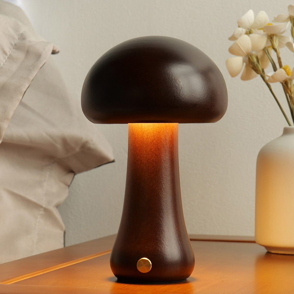Houten Paddenstoel Tafellamp met Ingebouwde Batterij & Touch-bediening – Warm Sfeerlicht voor Woonkamer, Slaapkamer, Kantoor – Oplaadbare LED-lamp met Dimfunctie – Decoratieve Sfeerverlichting