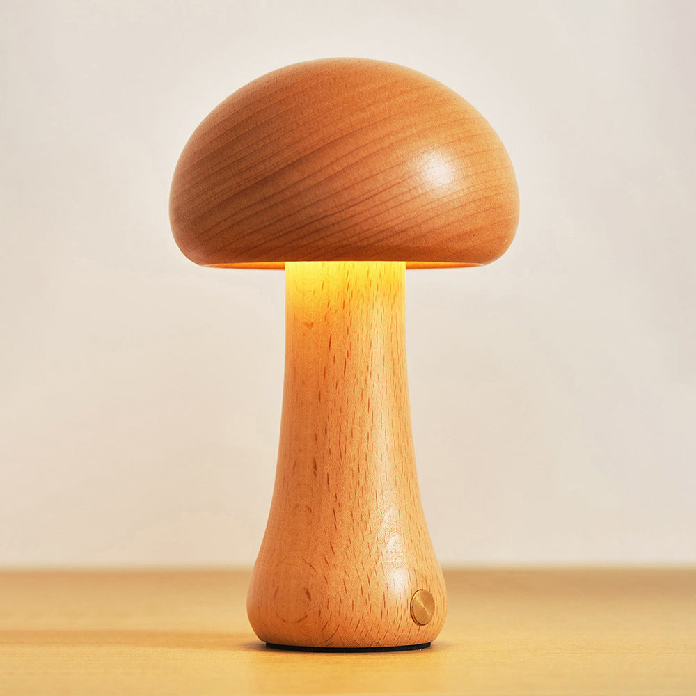 Houten Paddenstoel Tafellamp met Ingebouwde Batterij & Touch-bediening – Warm Sfeerlicht voor Woonkamer, Slaapkamer, Kantoor – Oplaadbare LED-lamp met Dimfunctie – Decoratieve Sfeerverlichting