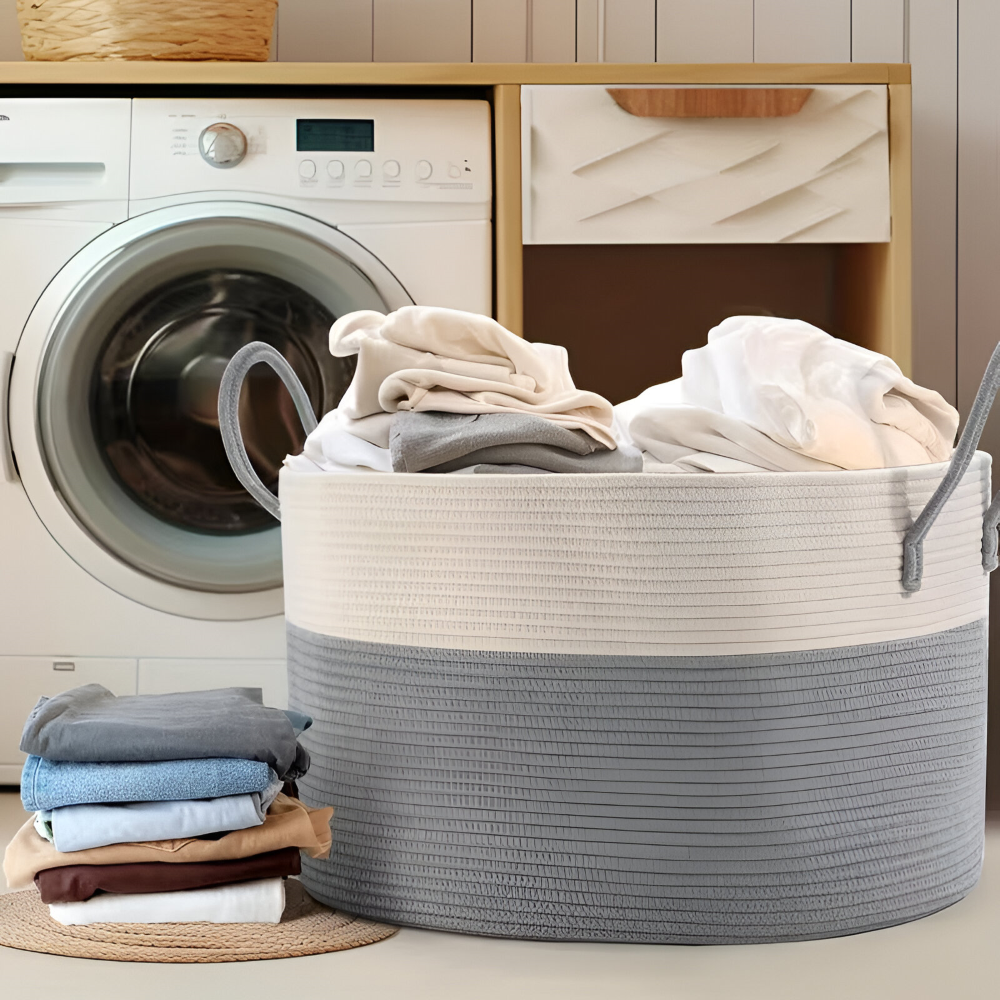 Geweven Opbergmand 51x34cm Bruin-Grijs Wasgoed Speelgoed Organizer met Stevige Handvatten Machinewasbaar Polyester