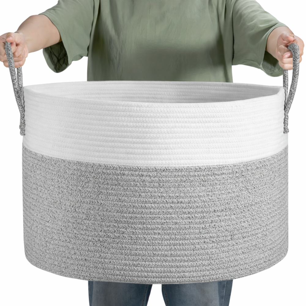 Geweven Opbergmand 51x34cm Bruin-Grijs Wasgoed Speelgoed Organizer met Stevige Handvatten Machinewasbaar Polyester