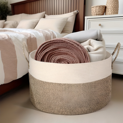 Geweven Opbergmand 51x34cm Bruin-Grijs Wasgoed Speelgoed Organizer met Stevige Handvatten Machinewasbaar Polyester