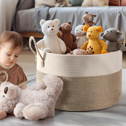 Geweven Opbergmand 51x34cm Bruin-Grijs Wasgoed Speelgoed Organizer met Stevige Handvatten Machinewasbaar Polyester