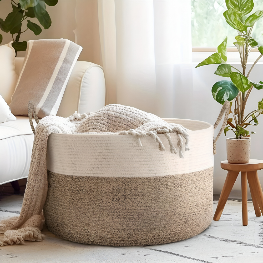 Geweven Opbergmand 51x34cm Bruin-Grijs Wasgoed Speelgoed Organizer met Stevige Handvatten Machinewasbaar Polyester