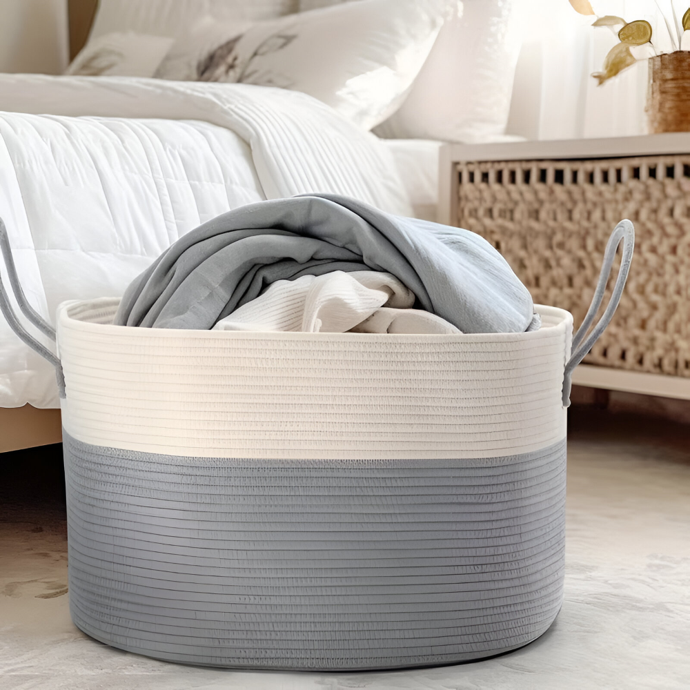 Geweven Opbergmand 51x34cm Bruin-Grijs Wasgoed Speelgoed Organizer met Stevige Handvatten Machinewasbaar Polyester
