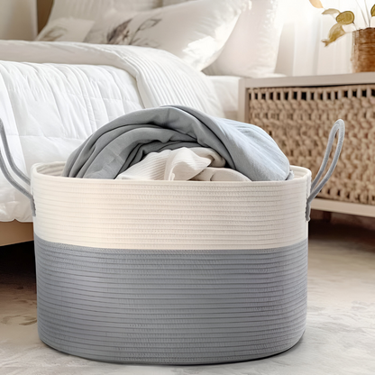 Geweven Opbergmand 51x34cm Bruin-Grijs Wasgoed Speelgoed Organizer met Stevige Handvatten Machinewasbaar Polyester