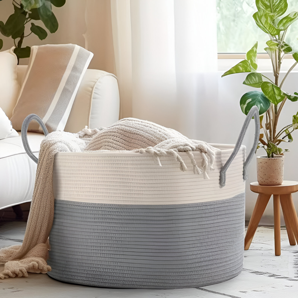 Geweven Opbergmand 51x34cm Bruin-Grijs Wasgoed Speelgoed Organizer met Stevige Handvatten Machinewasbaar Polyester