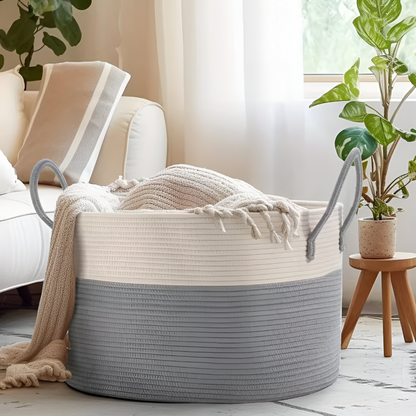 Geweven Opbergmand 51x34cm Bruin-Grijs Wasgoed Speelgoed Organizer met Stevige Handvatten Machinewasbaar Polyester