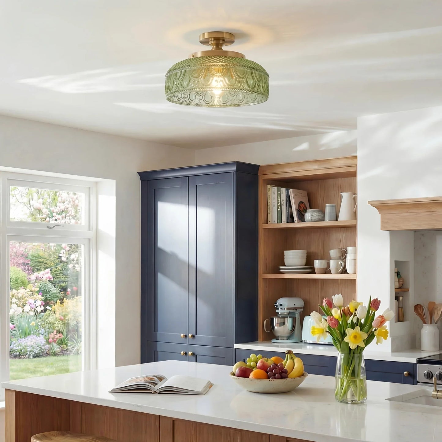 Moderne Plafondlamp met Getextureerde Glazen Schijf – Goud, Zwart & Groen – Ø30cm Designverlichting voor Woonkamer, Slaapkamer, Gang