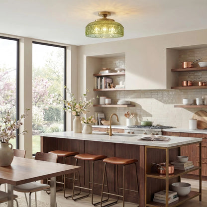 Moderne Plafondlamp met Getextureerde Glazen Schijf – Goud, Zwart & Groen – Ø30cm Designverlichting voor Woonkamer, Slaapkamer, Gang