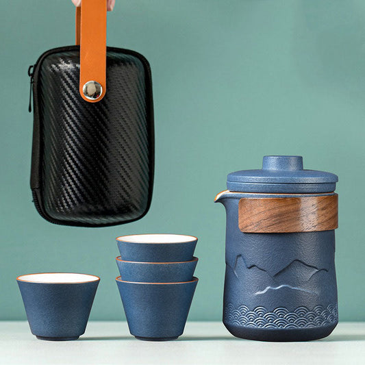 Reis Theeset Keramiek Compact Met Theepot Kopjes En Reistas Bergdesign