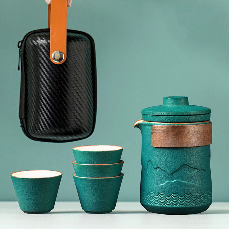 Reis Theeset Keramiek Compact Met Theepot Kopjes En Reistas Bergdesign