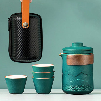 Reis Theeset Keramiek Compact Met Theepot Kopjes En Reistas Bergdesign