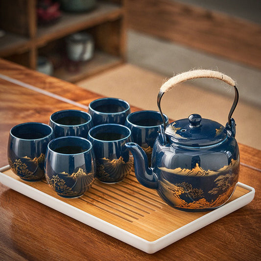 Japanse Gongfu Theeset Met Dienblad Porselein Blauw Berglandschap 8 Delig