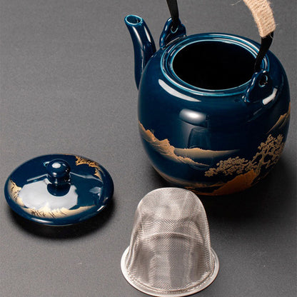 Japanse Gongfu Theeset Met Dienblad Porselein Blauw Berglandschap 8 Delig