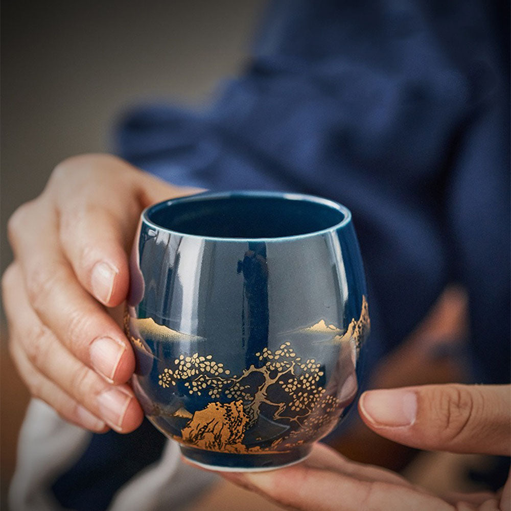 Japanse Gongfu Theeset Met Dienblad Porselein Blauw Berglandschap 8 Delig