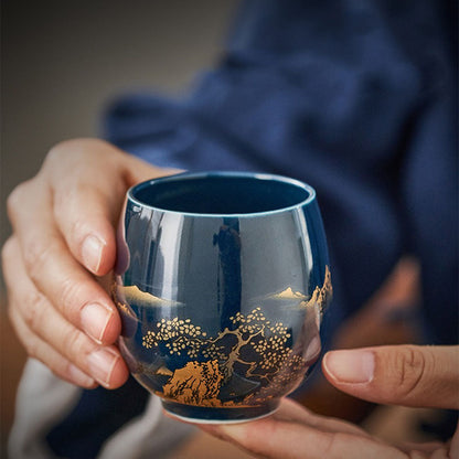 Japanse Gongfu Theeset Met Dienblad Porselein Blauw Berglandschap 8 Delig