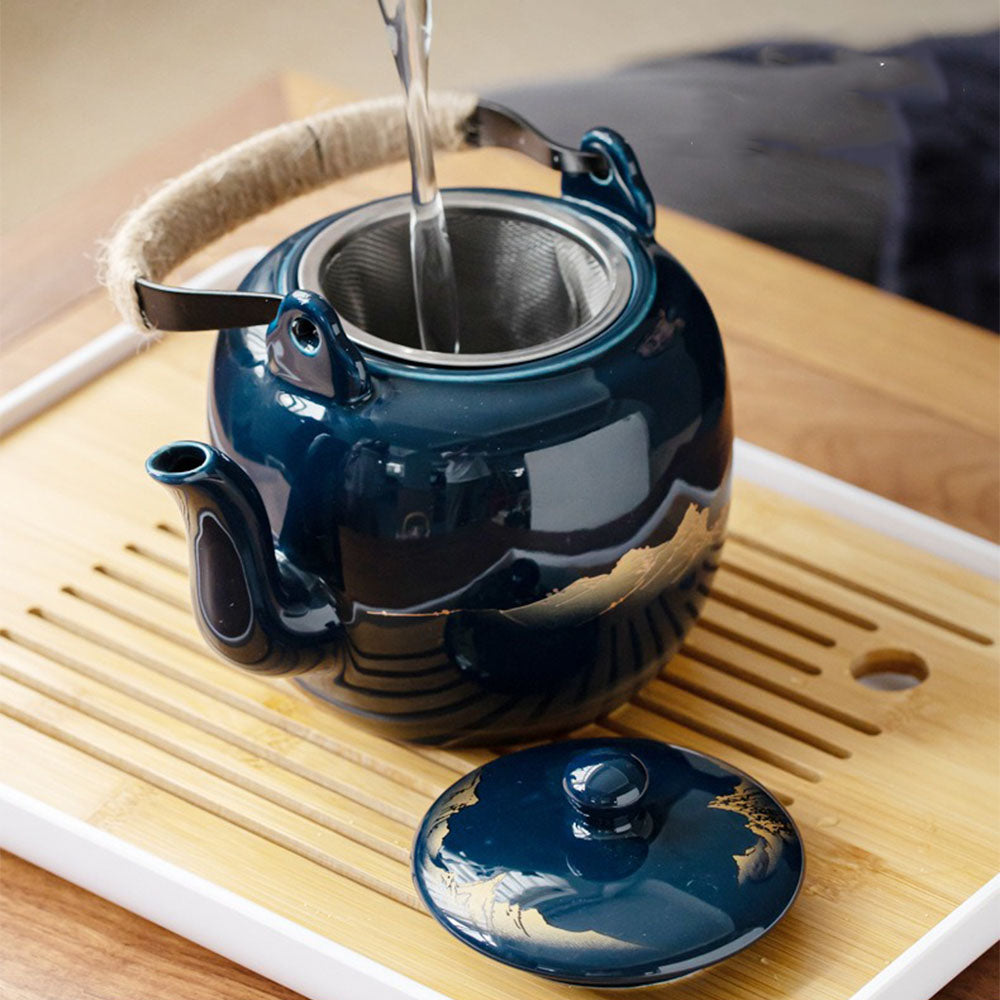 Japanse Gongfu Theeset Met Dienblad Porselein Blauw Berglandschap 8 Delig
