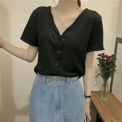 V-hals Blouse Zomerse Knopen Ontwerp