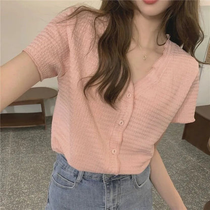 V-hals Blouse Zomerse Knopen Ontwerp