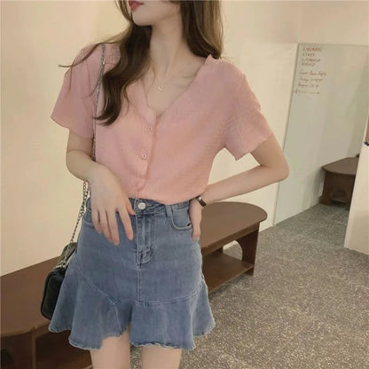 V-hals Blouse Zomerse Knopen Ontwerp