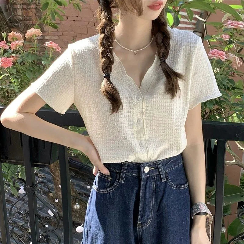 V-hals Blouse Zomerse Knopen Ontwerp
