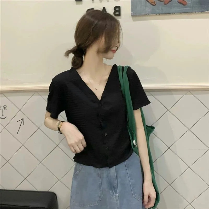 V-hals Blouse Zomerse Knopen Ontwerp