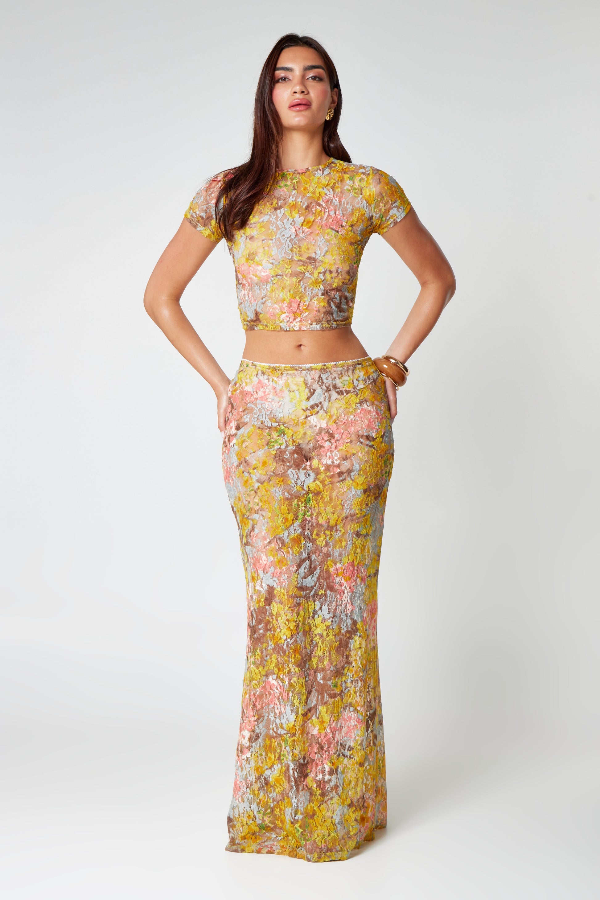 Vrouwen Set Kanten Bloemen Maxi Rok Croptop - StudioMarella