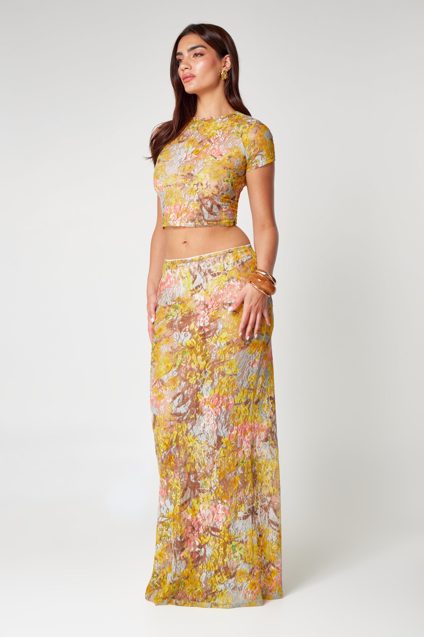 Vrouwen Set Kanten Bloemen Maxi Rok Croptop